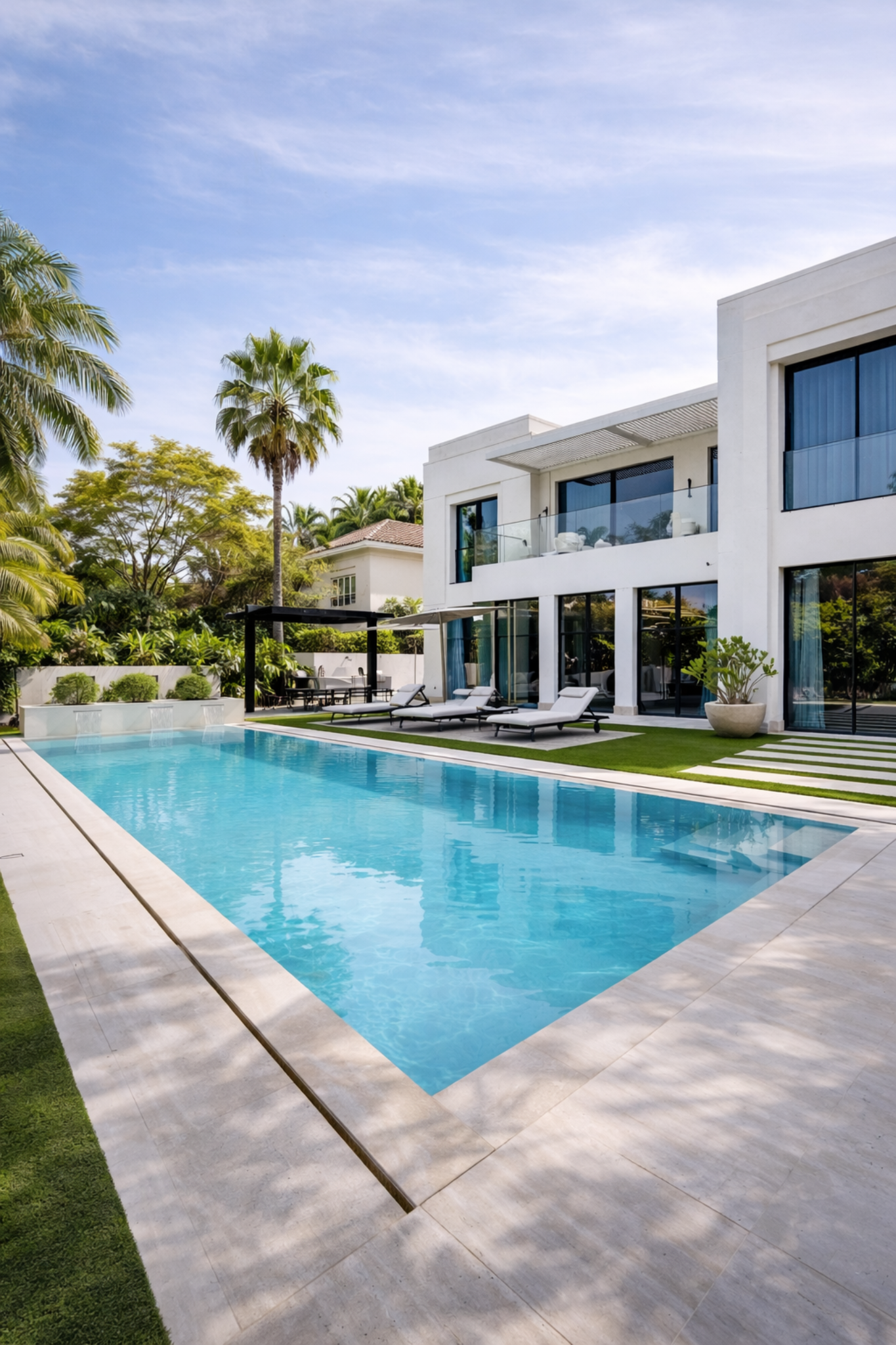 Modern luxury home with pool and palm trees